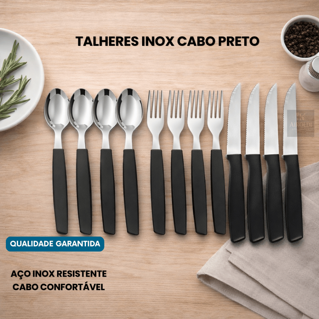 Jogo de Talheres 36 Peças Preto Aço Inox 12 Facas 12 Garfos 12 Colheres de Mesa Casa Cozinha Aço