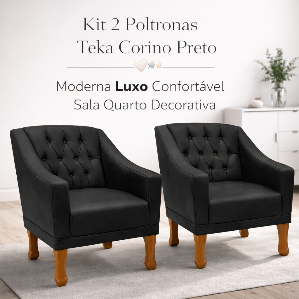 Kit 2 Poltronas Teka Corino Preto 🖤✨ Luxo Confortável Sala Quarto Decoração