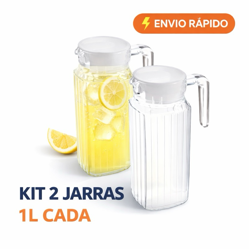 Kit 2 Jarras de Vidro 1L com Tampa Jarra Transparente Água Suco Geladeira