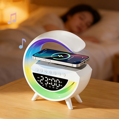 Imagem Caixa de Som Bluetooth Multifuncional com Carregador por Indução e Luz Ambiente Integrada