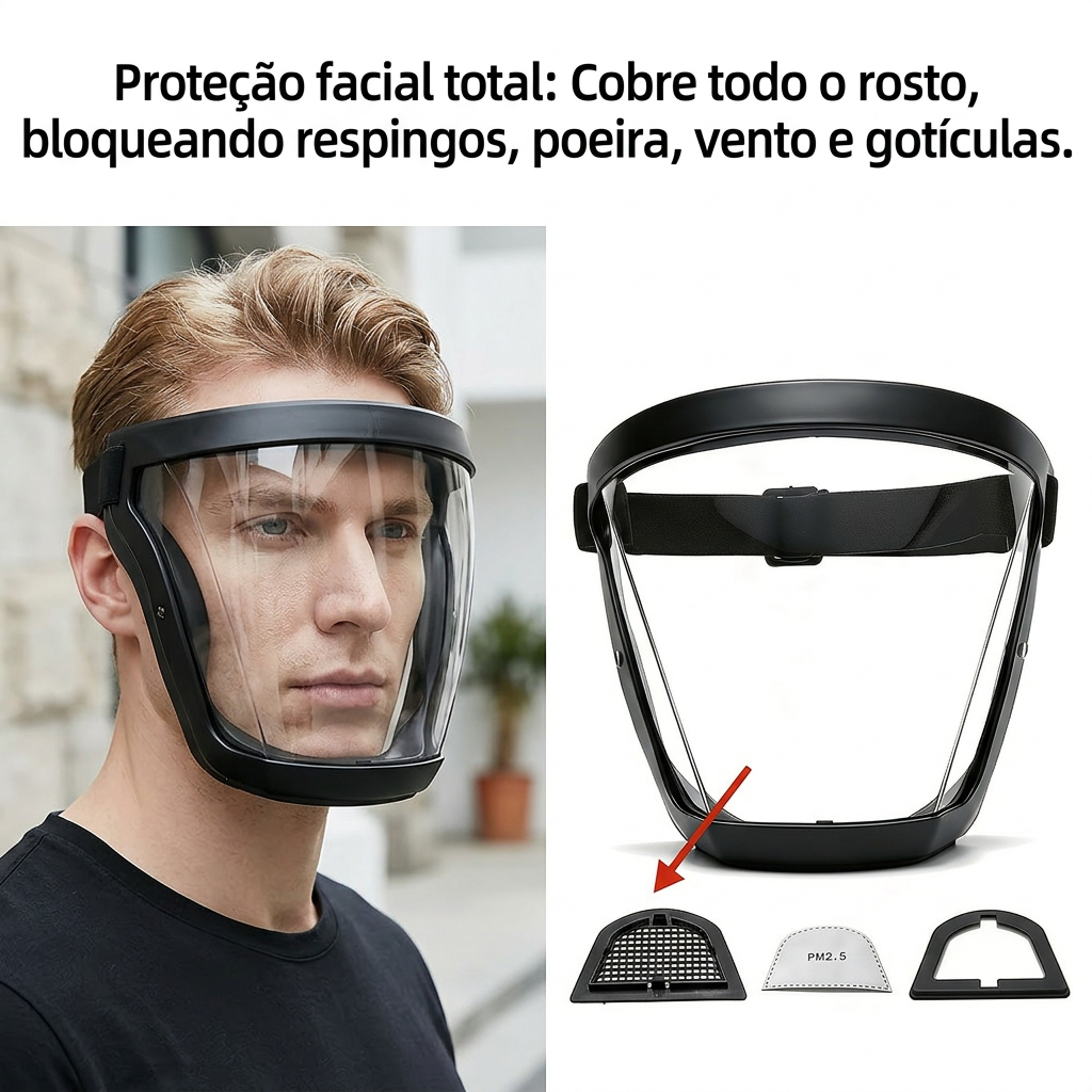 Máscara de Proteção Facial Completa Moldura Preta Lente Transparente Anti-embaciamento , Anti-salpicos e Poeira