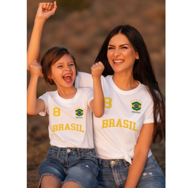 Kit 2 T-shirt Mãe e Filha Brasil Algodão 100% Blusa Blusi Look Tal Mãe Tal Filha Copa | Conjunto Família adulto infantil