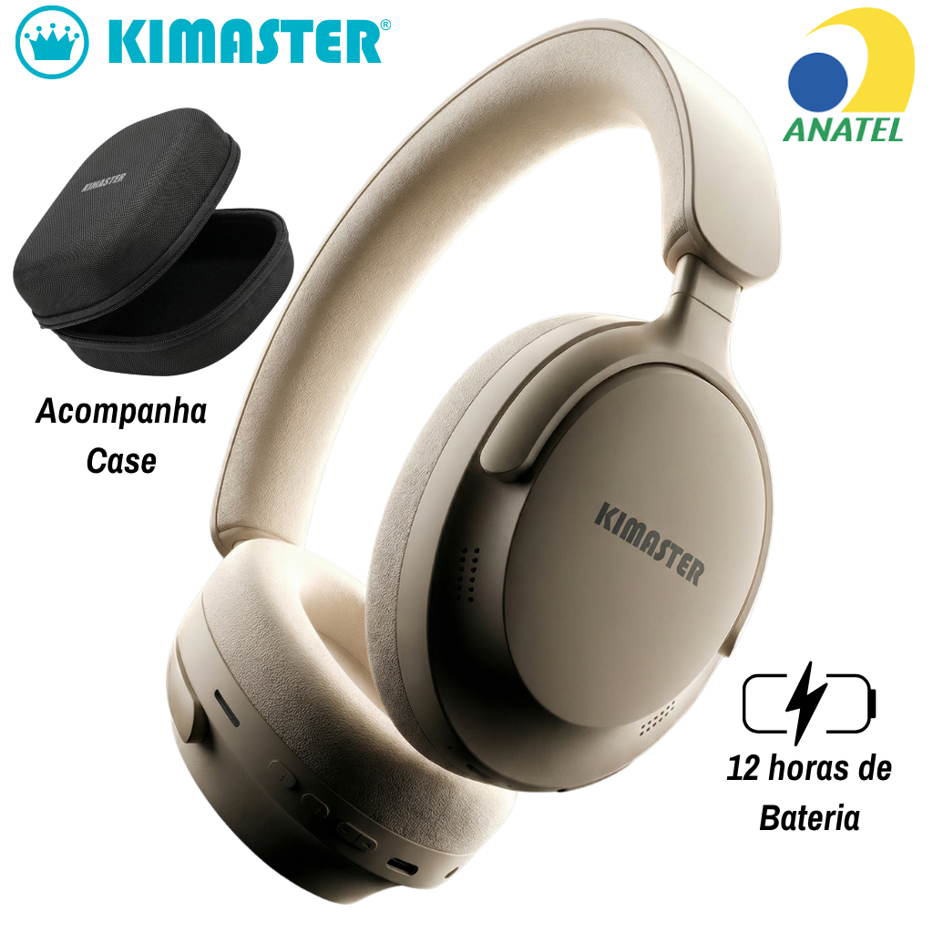 Fone De Ouvido Sem Fio Headphone Bluetooth 12hr Bateria Wireless Kimaster Rádio FM Micro SD Cor Bege