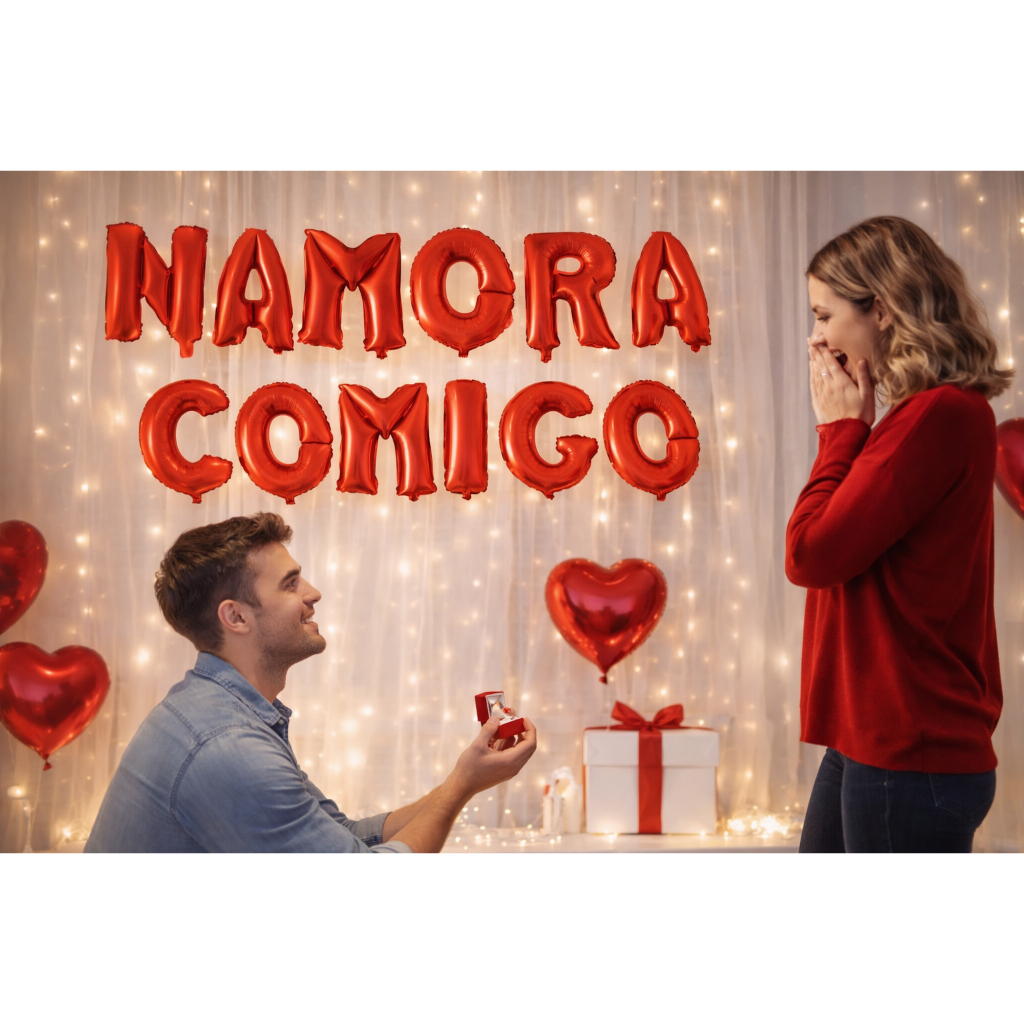 Balão Metalizado - Namora com Migo 16"  + Balão coração 18"- surpresa romântica perfeita.