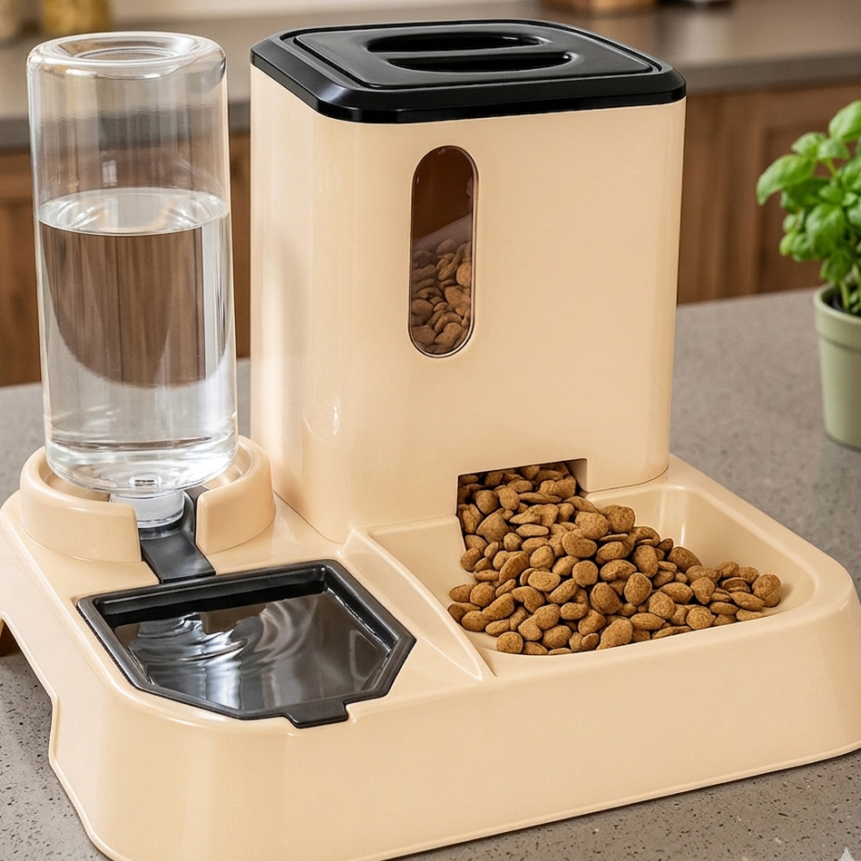 Comedouro e Bebedouro Pet Automatico Para Gato e Cachorro Premium Bege