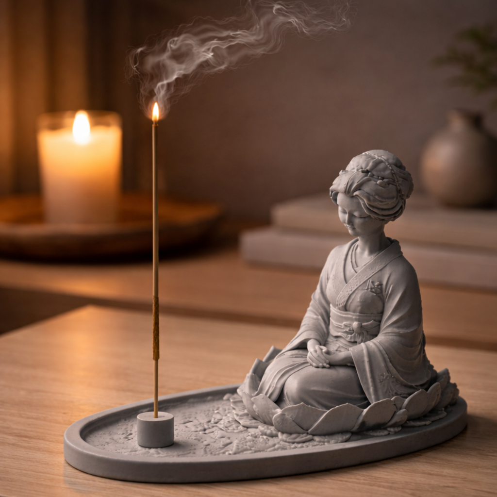 Imagem Incensário Deusa Geisha Porta Incenso Cone Cachoeira Dragão Cascata Gueixa Decoração Zen Yoga Meditação Aromaterapia