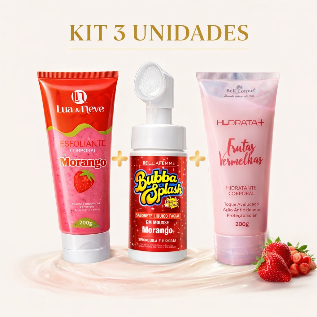 Mousse Facial de Limpeza Vegano Face Beautiful 150ml + Esfoliante Corporal Morango + Creme Corporal