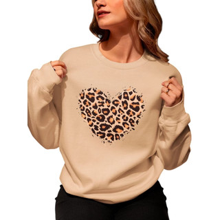 Moletom Blusa de Frio Estiloso  Coração Onça Moletom Gola Redonda Careca Feminino Envio Rápido