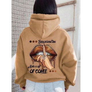 Blusa de Moletom Canguru Feminino Estampado Boca  Casaco de Frio com Capuz Bolso Frontal Estiloso