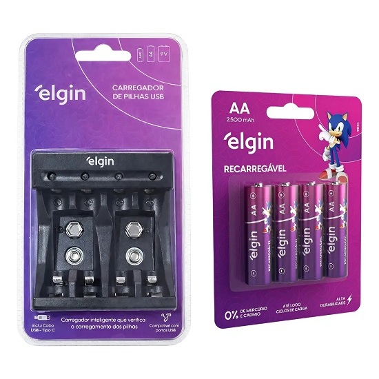 Carregador Usb-c + 4 Pilhas Aa 2500mah Recarregável Elgin