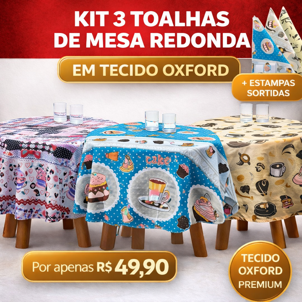 Kit 3 Toalha Mesa Redonda Oxford Estampas Sortidas