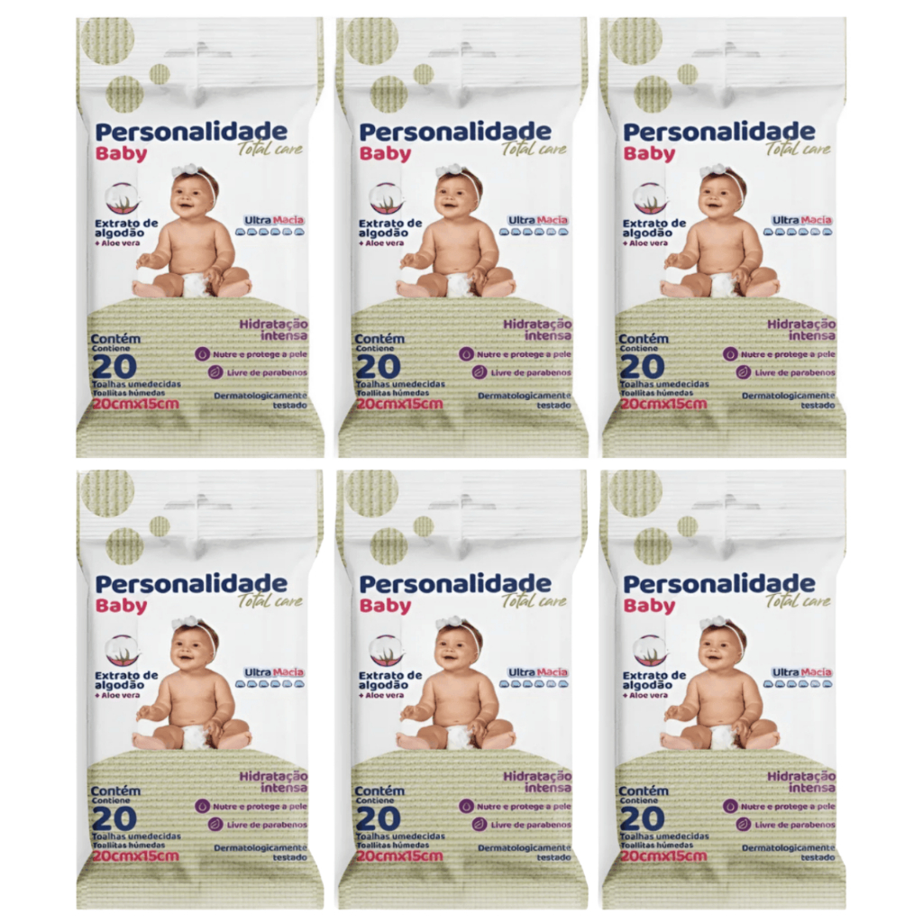 Kit 6 pacotes de  Toalha Umedecida Personalidade Baby 20 unidades Cada  - Lenços Hidratação Intensa
