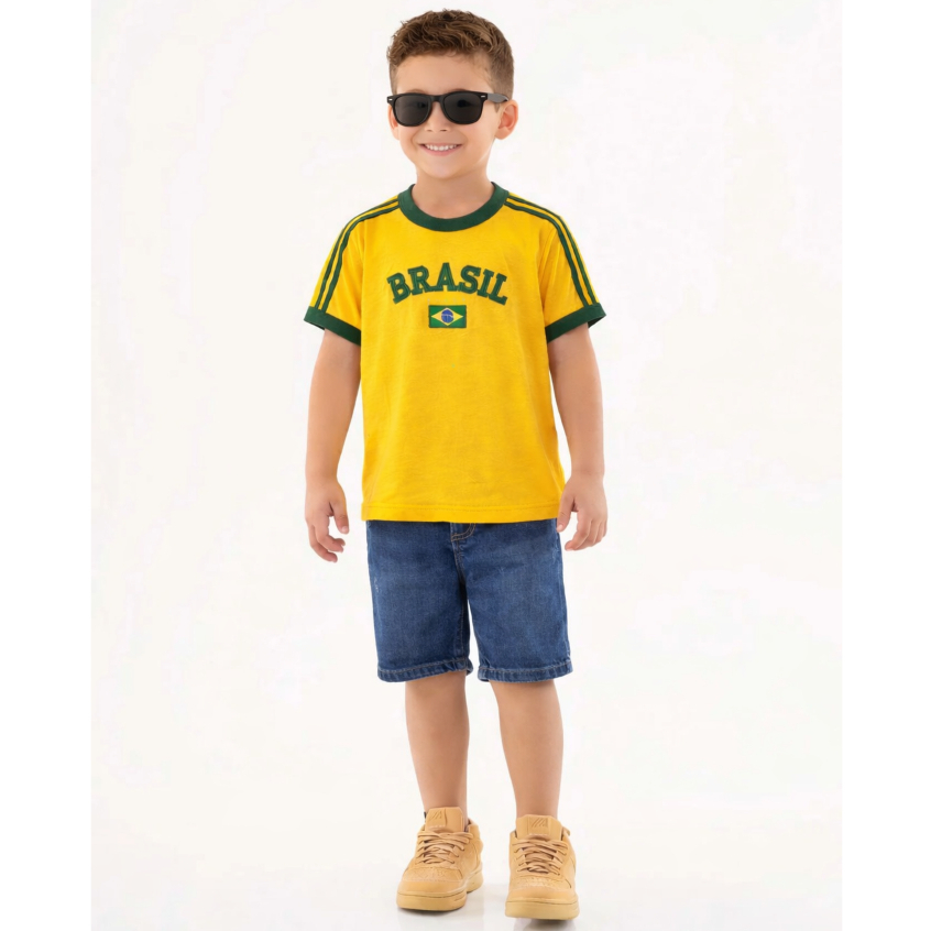 Camiseta Infantil Bandeira do Brasil Bordada Torcedor de Algodão Premium
