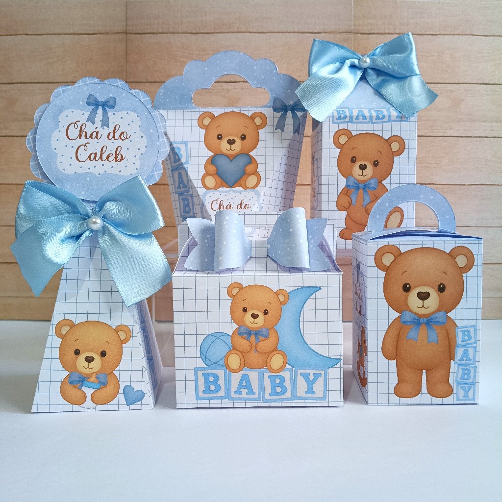 Kit festa Chá de Bebê Personalizado Ursinho Azul - Caixinhas Lembrancinhas para Aniversário chá revelação