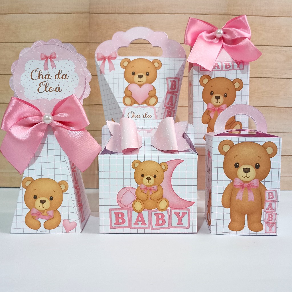 Kit Festa Chá de Bebê Personalizado Ursinha Rosa - Caixinhas personalizadas Lembrancinhas para Aniversário