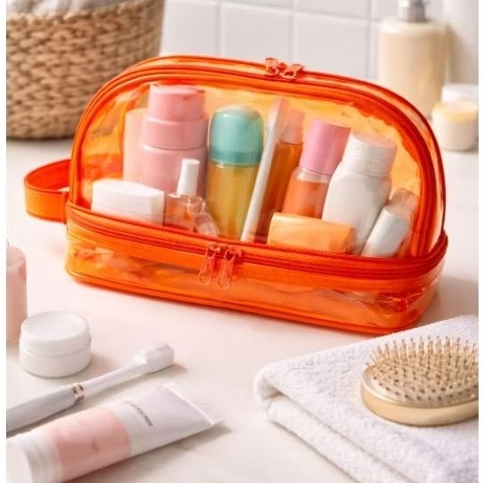 ESTOJO FEMININO DOIS ANDARES NEON TRANSPARENTE IMPERMEÁVEL E LAVÁVEL em Oferta na Shopee