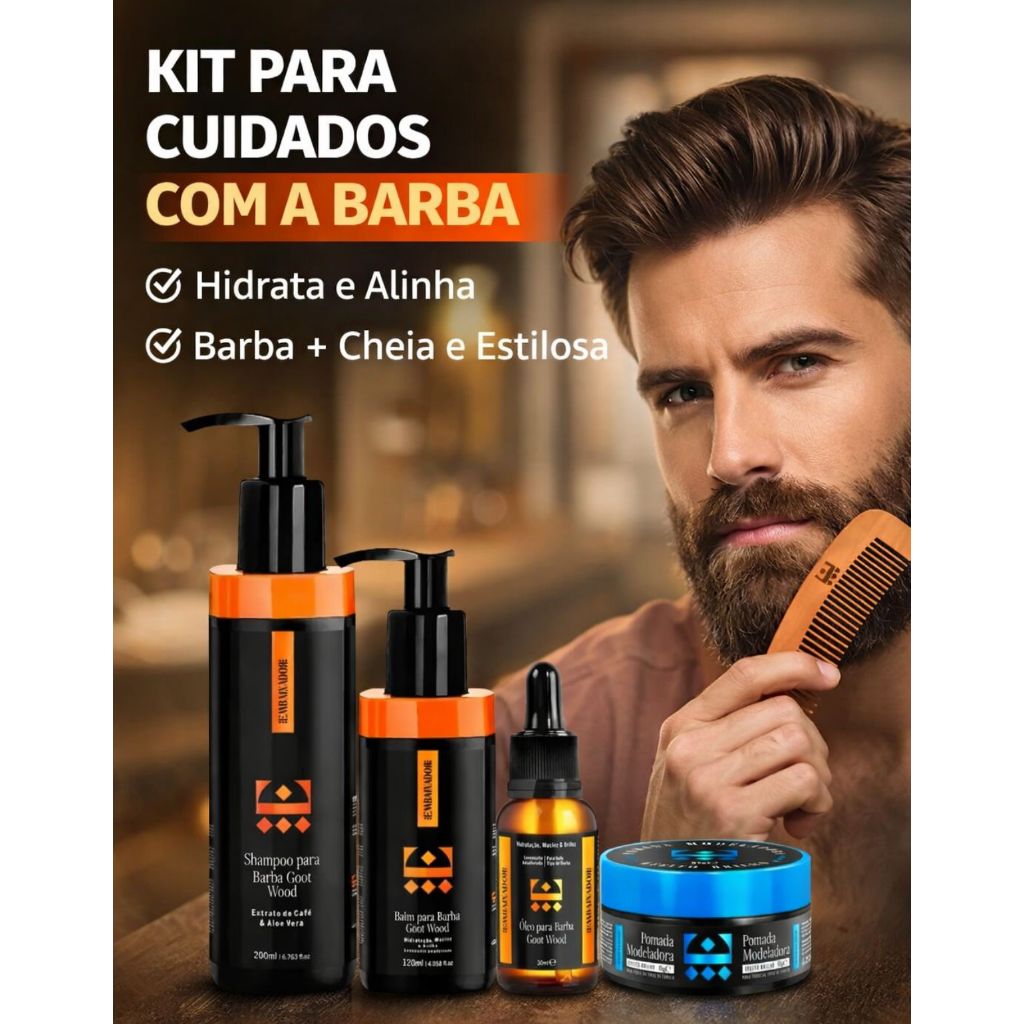 Kit Completo Para Barba Shampoo Pomada Balm Óleo Pente Brilho Hidratação Cuidados