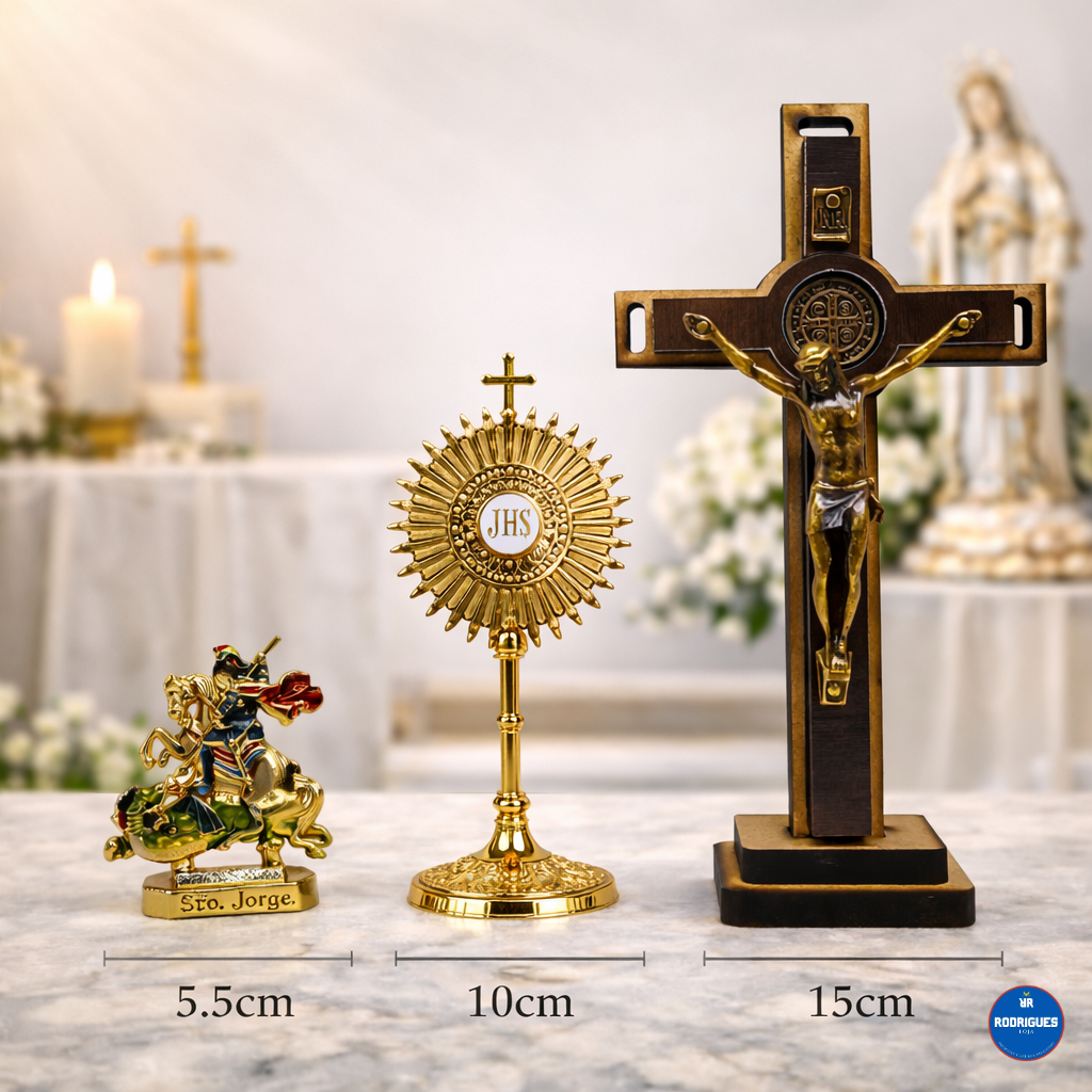 Kit Religioso São Jorge 5,5cm + Ostensório 10cm + Crucifixo 15cm – Proteção e Fé | Pronta Entrega