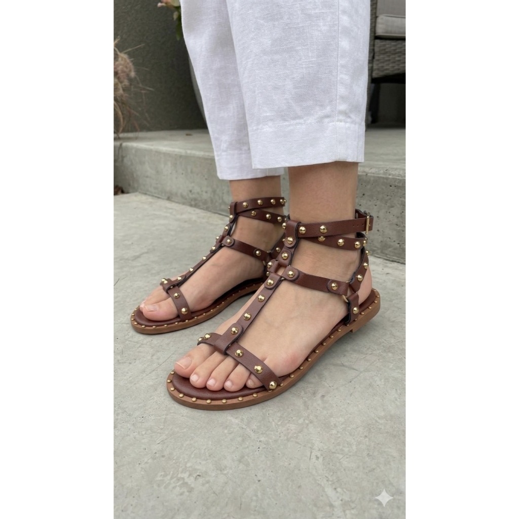 Sandália Rasteirinha Feminina Rasteira Estilo Gladiadora Fivela no Tornozelo Confortável Couro com Detalhes