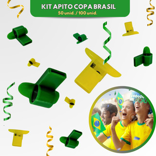 Kit Apito Copa Brasil Mini Brinquedos 50 UN 100 UN Lembrancinha Festa Infantil Torcida