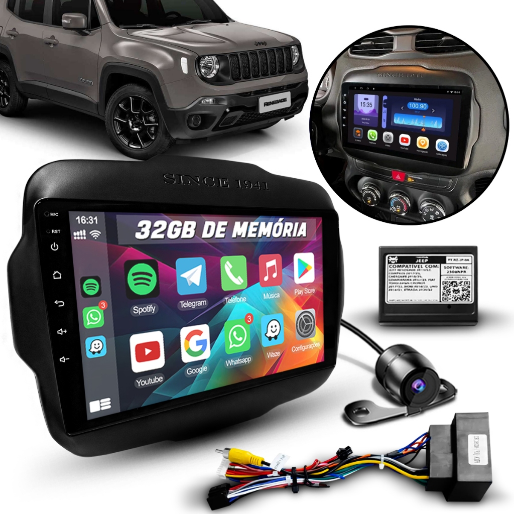 Som Pra Carro Multimidia Android Para Jeep Renegade + Chicote Plug In Play Canbus + Moldura 2 Din