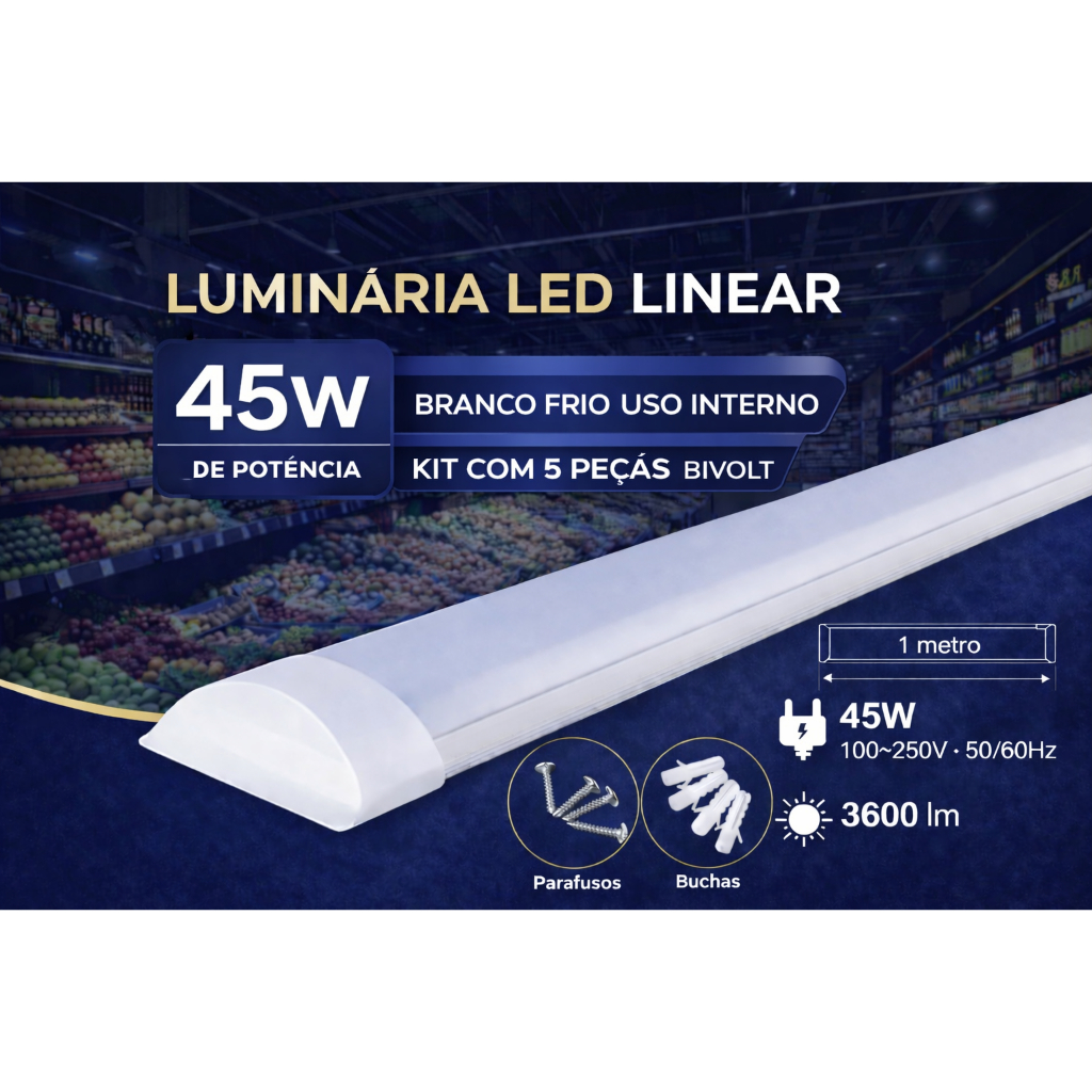 Kit 05 Luminária Linear LED Sobrepor 45w Branco Frio