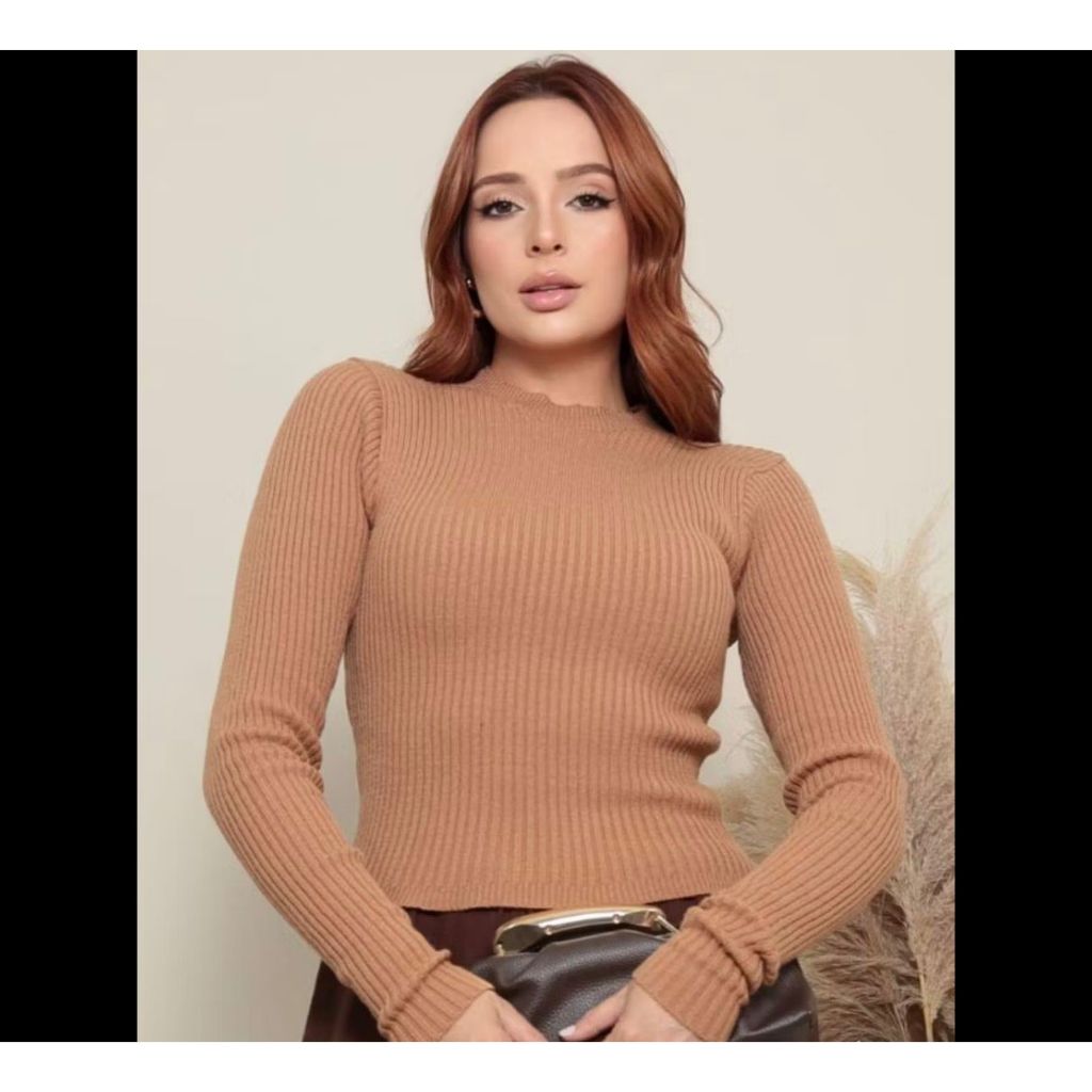 Blusa de Frio Feminina Tricot Elegante Cacharrel Manga Longa Canelado Tricô Moda Inverno