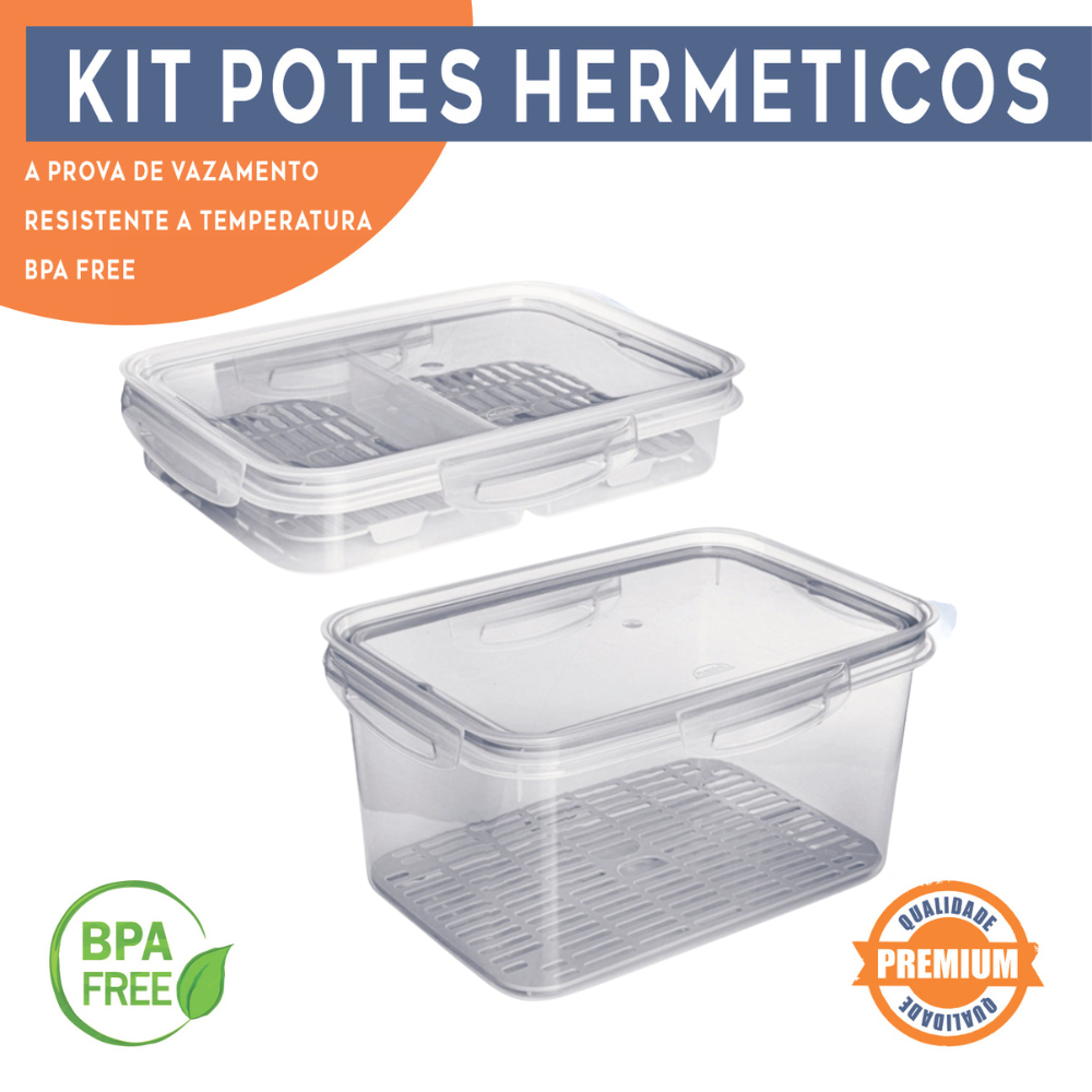 Kit 2 Potes Porta Frios C/ Escorredor Travas Cesto Organizador Frutas Vegetais Alimentos Empilhavel
