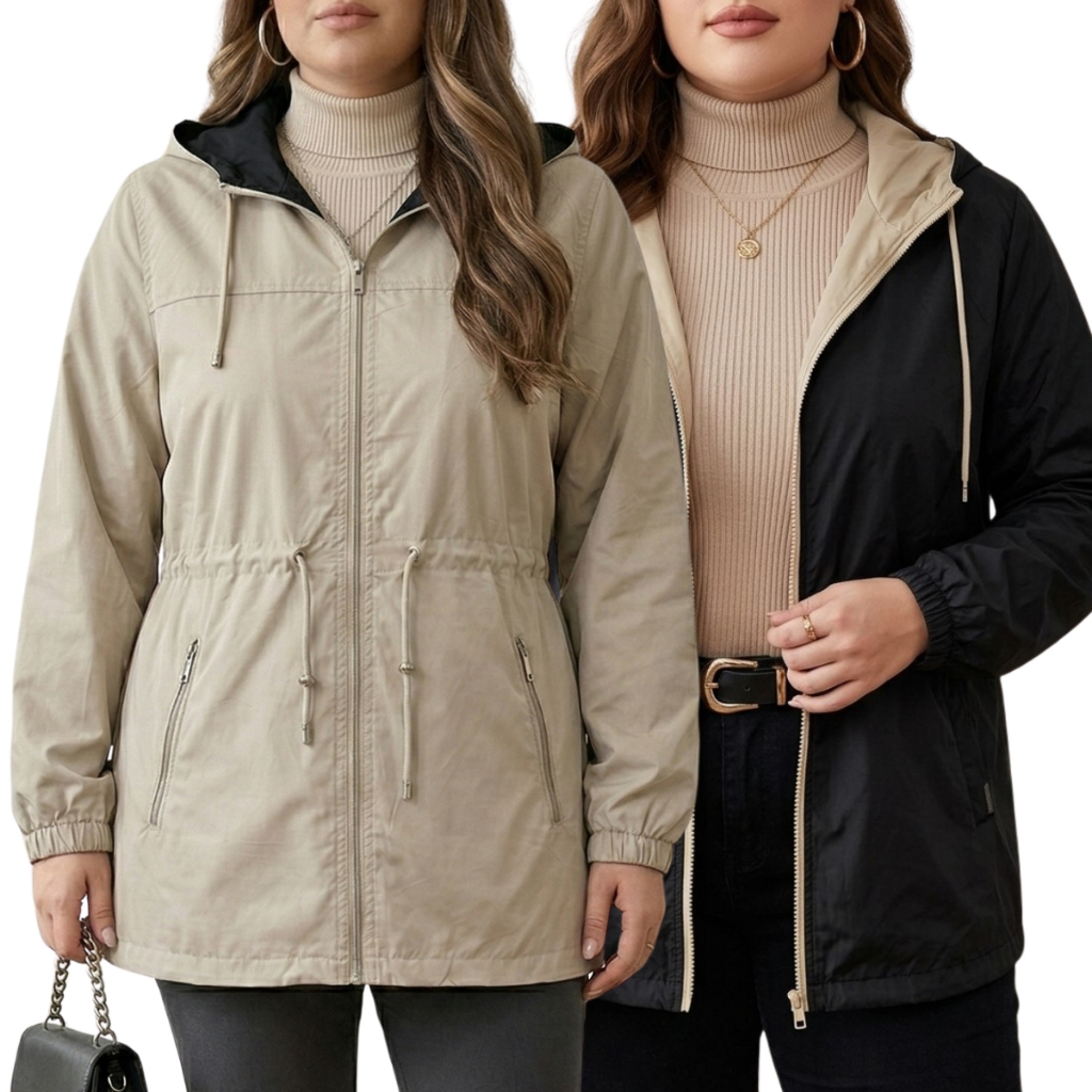 Jaqueta Feminina Dupla Face Parka Sobretudo 2 Em 1 Premium Impermeável Capuz Removível Corta Vento