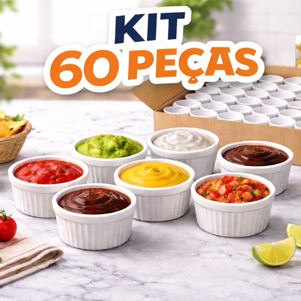 Ramekin 60ml Plástico Resistente Branco para Molhos Multi Uso Kit 60 Unidades Porções