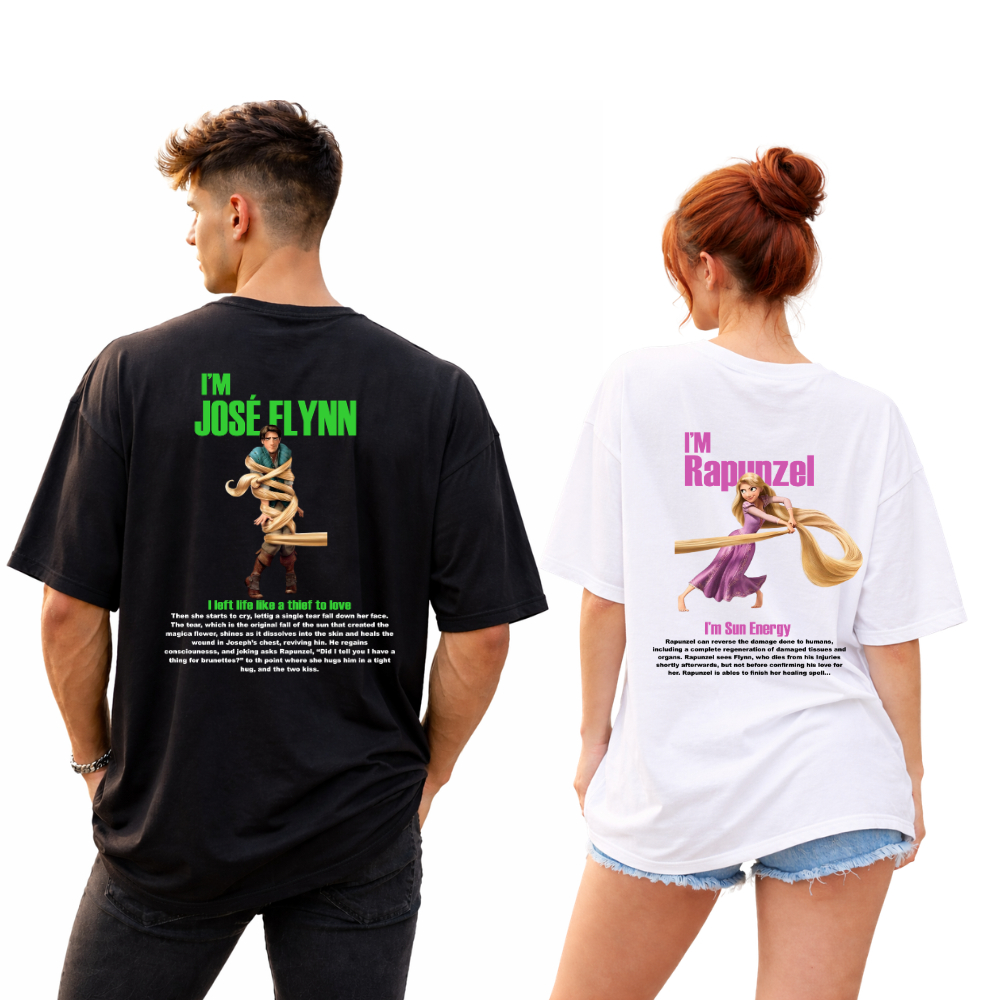 Detalhes do Conjuntos Camisetas Casal Kit 2 Camisetas Streetwear Rapunzel e José Flynn