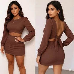 Conjunto saia curta e cropped manga longa com punho