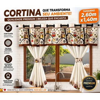 Cortina de Cozinha Home 2,60m x 1,40m para Varão Simples - Coruja em Oferta na Shopee