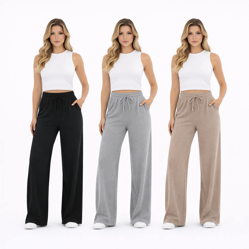 Detalhes do Kit 3 Calça Pantalona de Lazinho Feminina Cintura Alta com Bolso Outono/Inverno Confortável Elegante