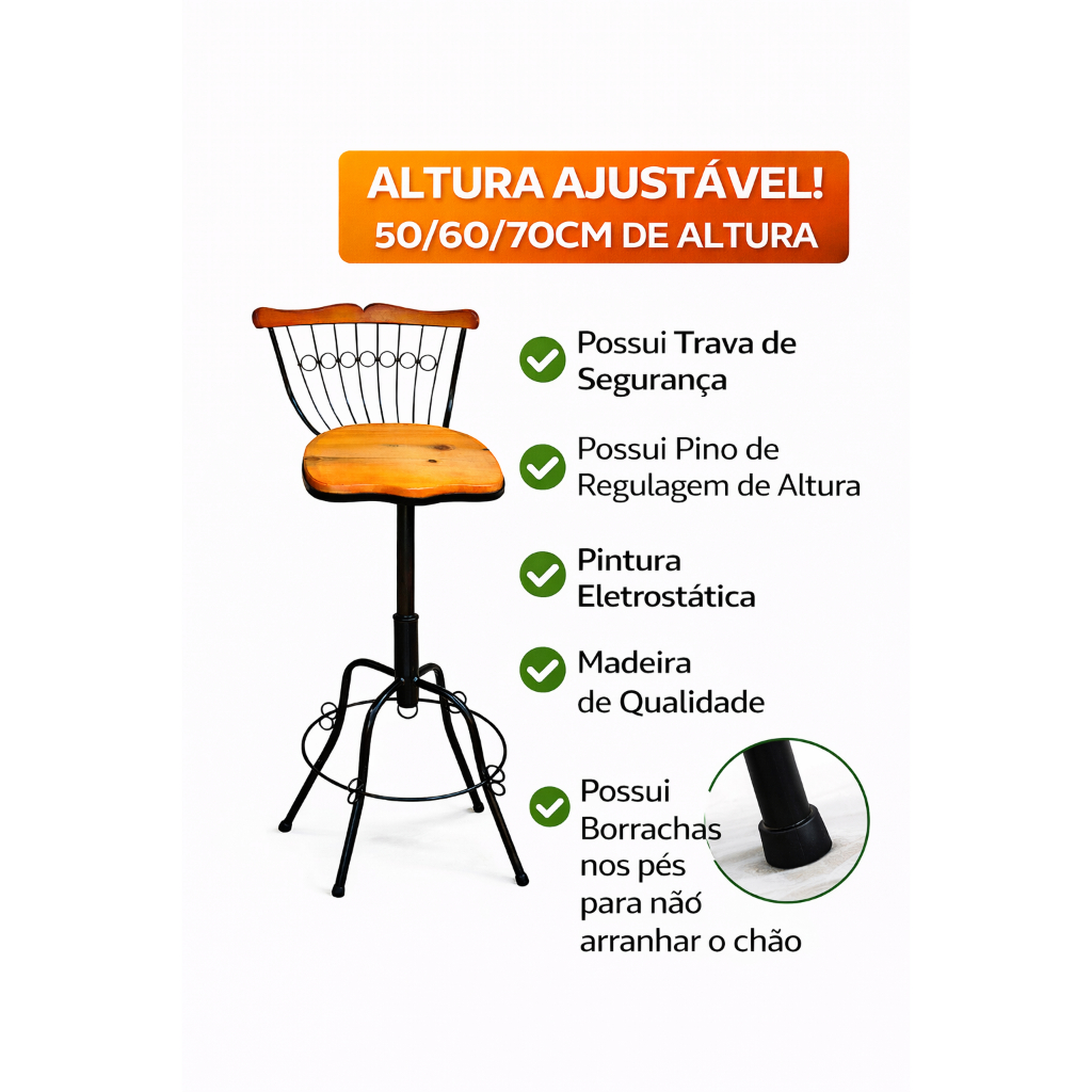 BANQUETAS ALTAS INDUSTRIAL KIT COM 3 GIRATORIA REGULAVEL PARA AREA GOURMET