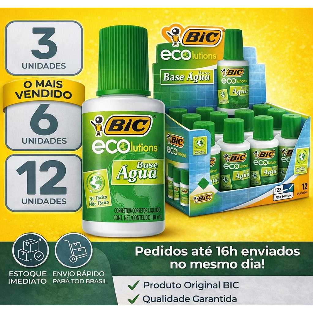 Corretivo Líquido BIC Ecolutions Base Água 18ml Kit 3, 6 ou 12 Unidades Original Liquid Paper