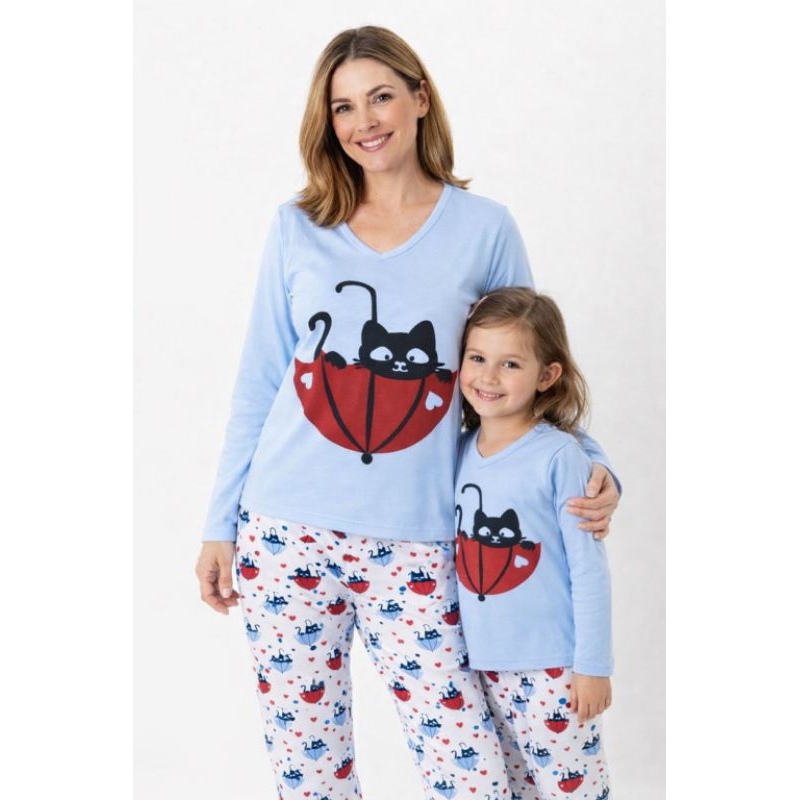 Conjunto de Pijamas Algodão mãe e filha estampa de gatinho