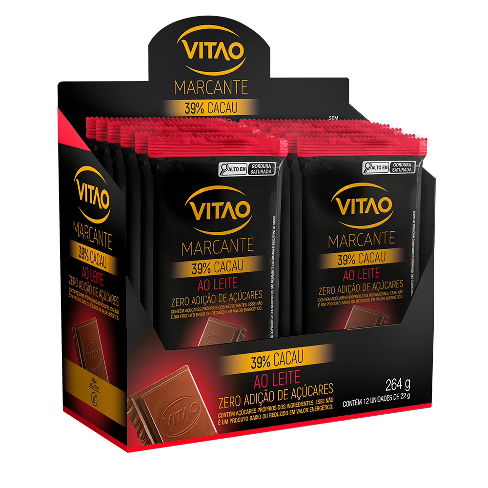 Chocolate Ao Leite 39% Cacau Zero Açúcar Sem Glúten Vitao Marcante - Kit 12 Unidades 22G