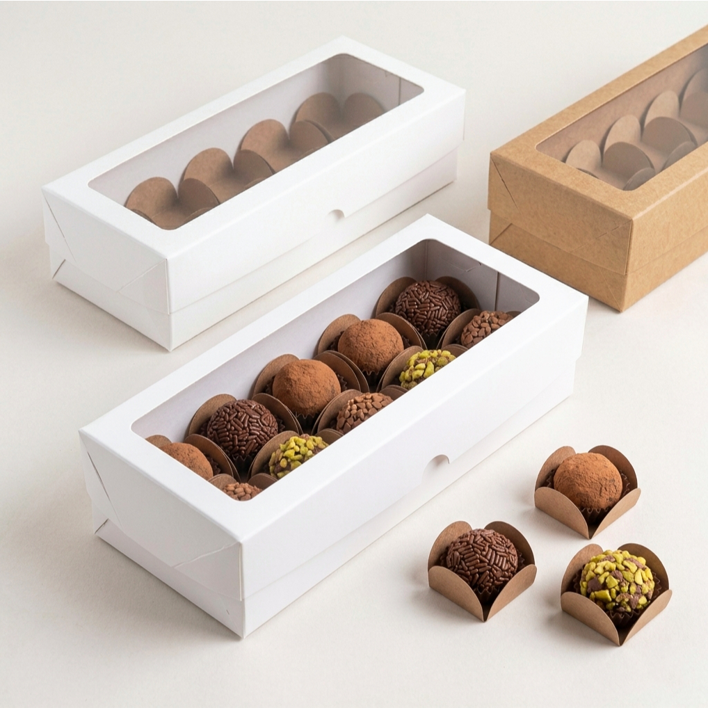 Caixa 10 Doces ou Barra de Chocolate com Visor Acetato – Branco ou Kraft | Embalagem Gourmet 8x20x5cm 25unid