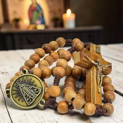 Terço Nossa Senhora Aparecida Madeira Imbuia 10mm Rosário Católico Medalha Ouro Velho 50cm