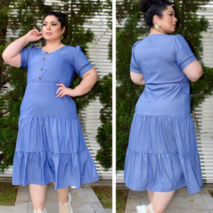 Vestido Plus Size 3 Marias em Chambret com Botões Frontais – Moda Evangélica, Confortável e Elegante para o Dia a Dia