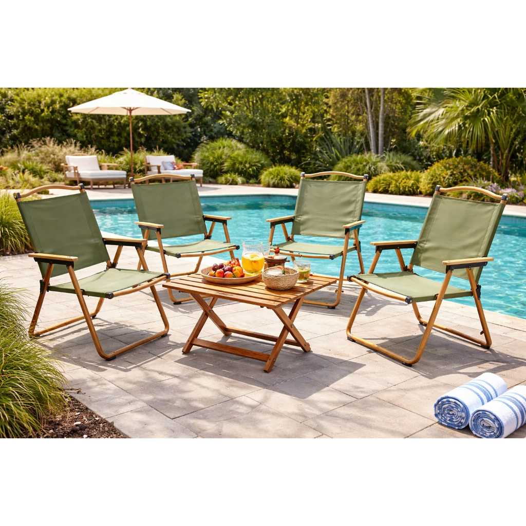 Kit com 4 Conjunto  4 Peças de Cadeira Dobrável, Tecido Oxford Cor Verde Musgo, para Praia, Piscina, Varanda, Jardim...