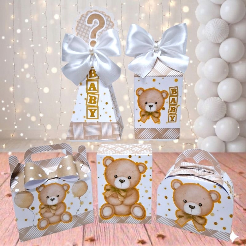 Kit Caixas Personalizados Tema Chá Revelação Ursinho Branco - Festa - Mimos - Aniversário