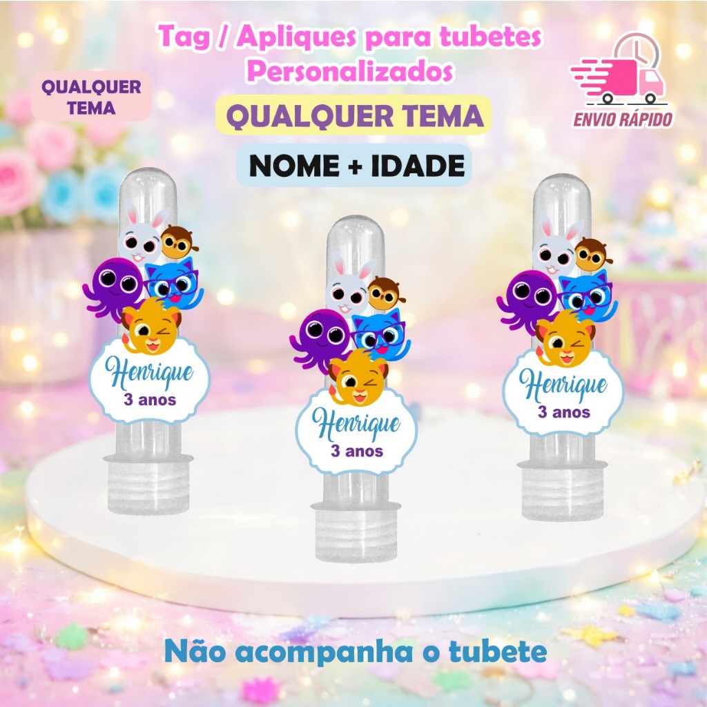 Apliques Personalizados Para Tubetes Bolofofo Azul Menino - Lembrancinhas Aniversário / Com Nome e Idade