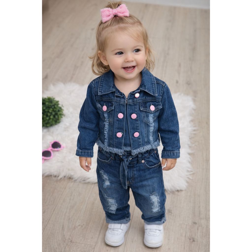 Conjuntinho Jeans Molinho Meninas Calça Capri Laço e Jaqueta Jeans 01 a 03 anos
