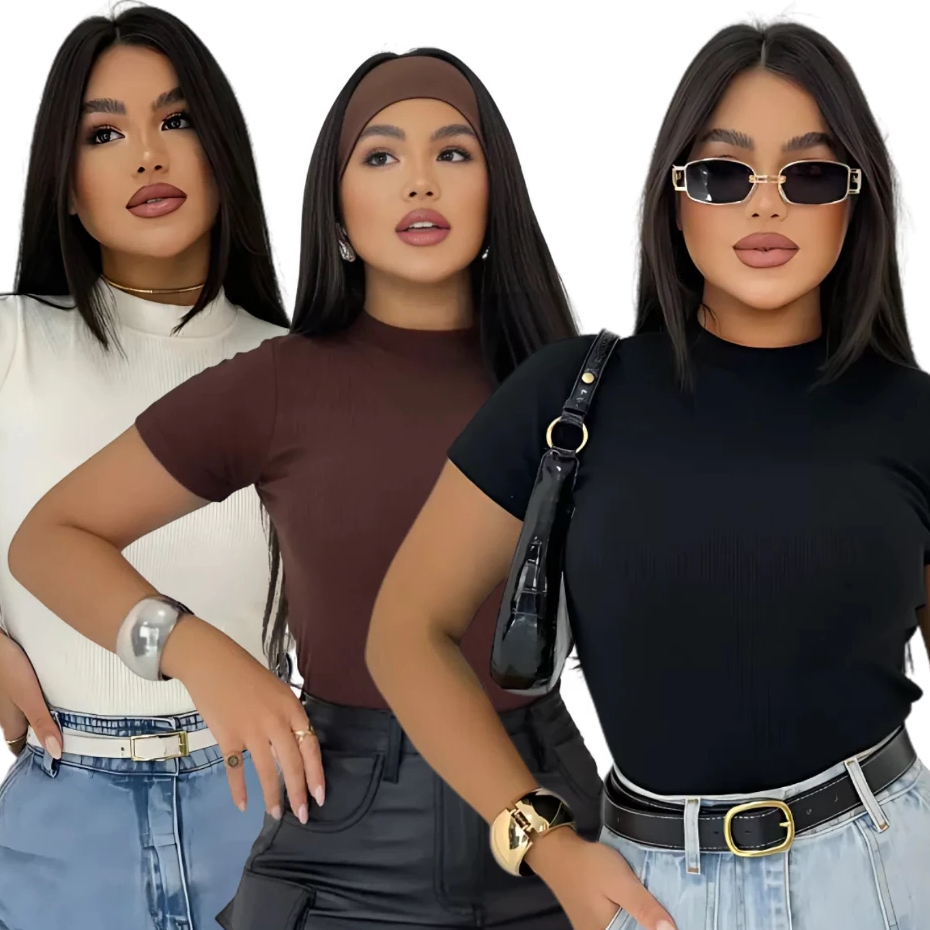 Blusa Feminina Básica Ribana Canelado Premium Casual Moda Gringa Basico Camiseta T-Shirt  Manga Curta