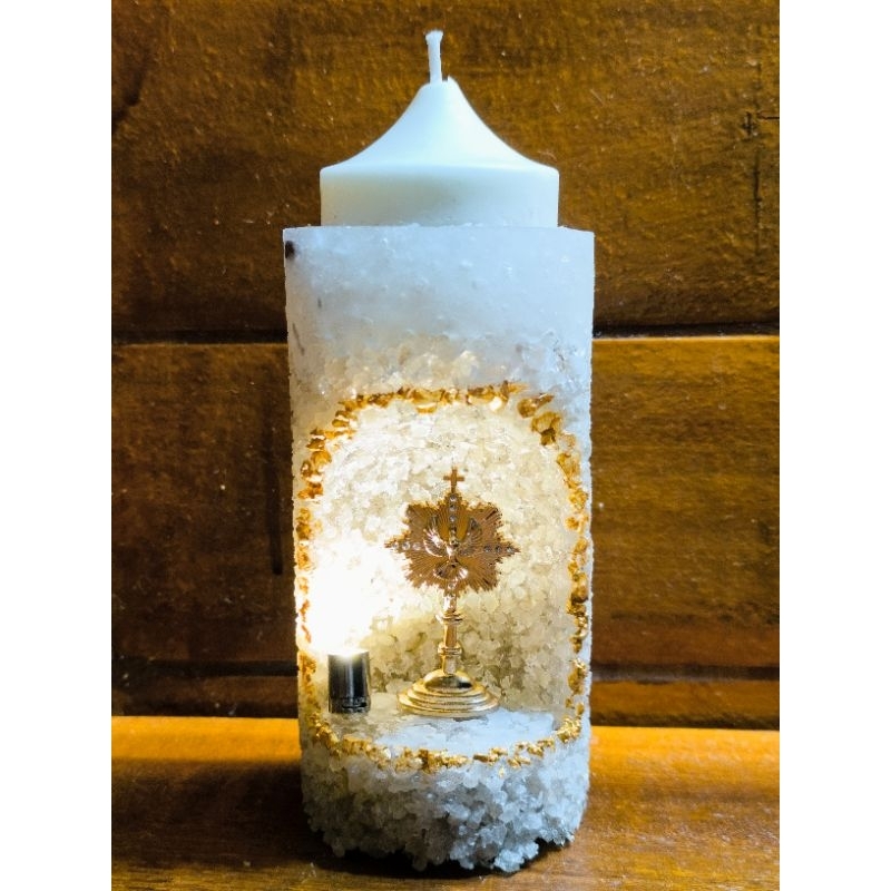 Vela Decorativa Religiosa Espírito Santo com Cristais | Luz LED ou Vela Réchaud | Presente de Fé e Proteção