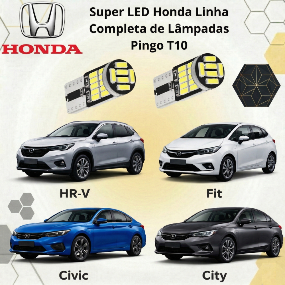 Lâmpada T10 LED Honda Civic HRV Fit City Super Branca Luz Placa Teto Dianteira