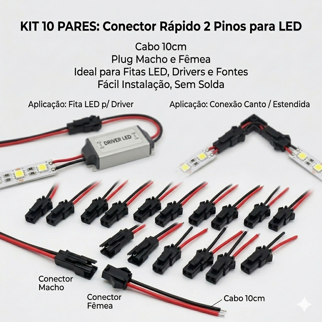10 Pares Conector 2 Pinos Macho Fêmea Cabo 10cm Plug LED Driver Fonte Adaptador Rápido