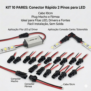 10 Pares Conector 2 Pinos Macho Fêmea Cabo 10cm Plug LED Driver Fonte Adaptador Rápido